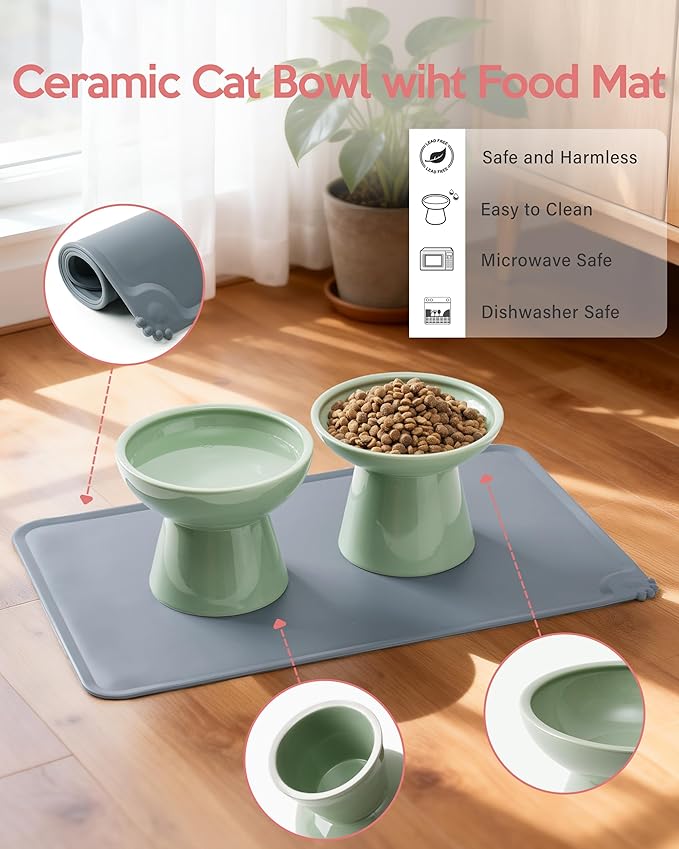 CEEFU 2 Elevated Ceramic Cat Bowls Upgraded with Food Mat, Extra Wide for Food & Water – Whisker Fatigue Shallow Food Dish, Lead & Cadmium-Free, Raised Height for Cats, Sage Green