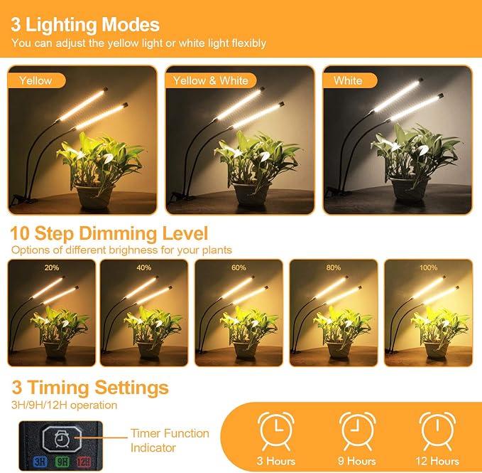 bseah Grow Light Plant Lights for Indoor Plants, Full Spectrum Led Growing Lamp with 3/9/12H Timer, Auto ON & Off, 10 Dimmable Lightness Clip-On Desk