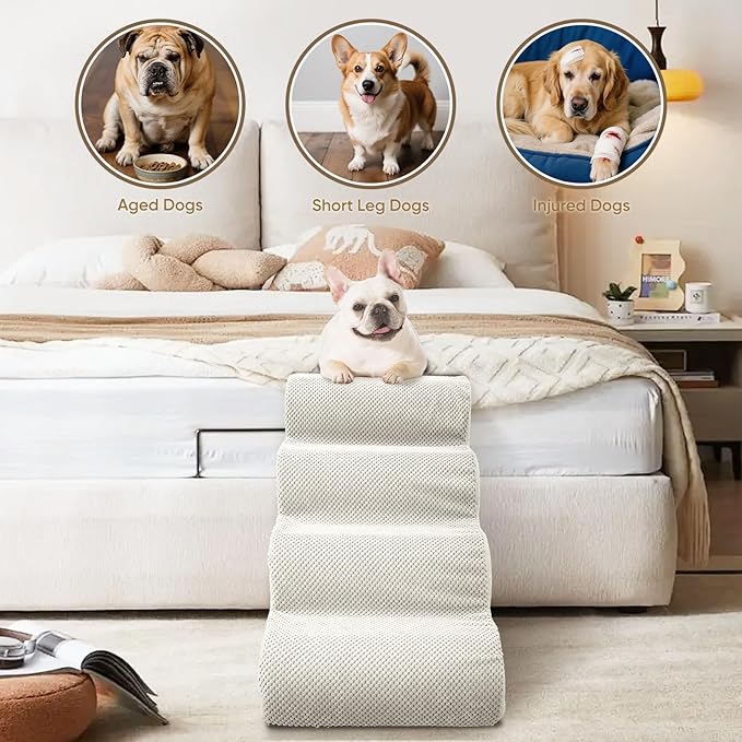 PAWSCRAT Pet Stairs for Dogs 4-Step, 19.6" H Pet Stairs for High Bed, Couch Sofa & Chair, 30D Material Soft Foam Dog Steps with Non-Slip Bottom Surface Removable Washable Cover, Beige