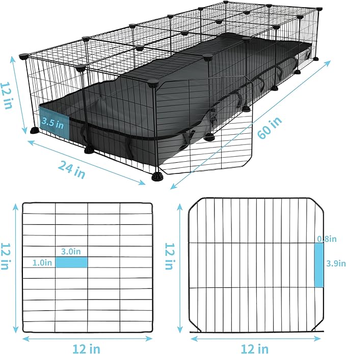 24 Panels Large Guinea Pigs Cage with Waterproof Mat, 60" x 24" x 12" C&C Cage for Guinea Pigs Bunny, Portable Metal Fence for Hedgehogs, Quail, Chickens, Bunny Indoor Outdoor