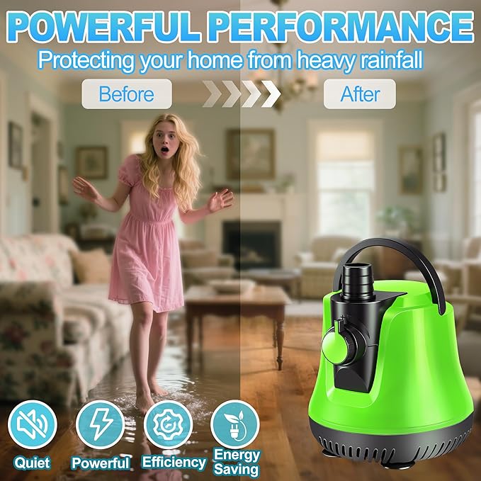 Sump Pump Submersible, Water Pump with Adjustable Flow, Pool Cover Pump Above Ground, Electric Portable Water Removal Pump, Water Pump for Pool Draining with 10ft Hose, 4 Adapters, 950GPH