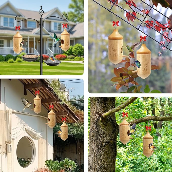 Hummingbird House, Small Hummingbird Houses for Outside, Wooden Bird House with Bow, String, Cute Gardening Gifts Home Decoration