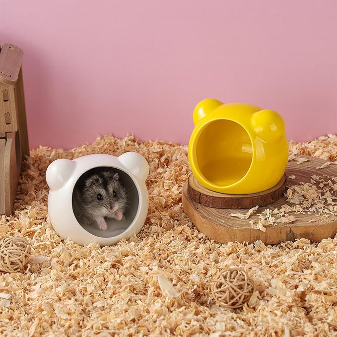VanEnjoy 2 Pack Ceramic Hamster Hideout Yellow and White Small Animal Hides for Gerbils Mice Cute Summer Cooling Houses for Cage Accessories
