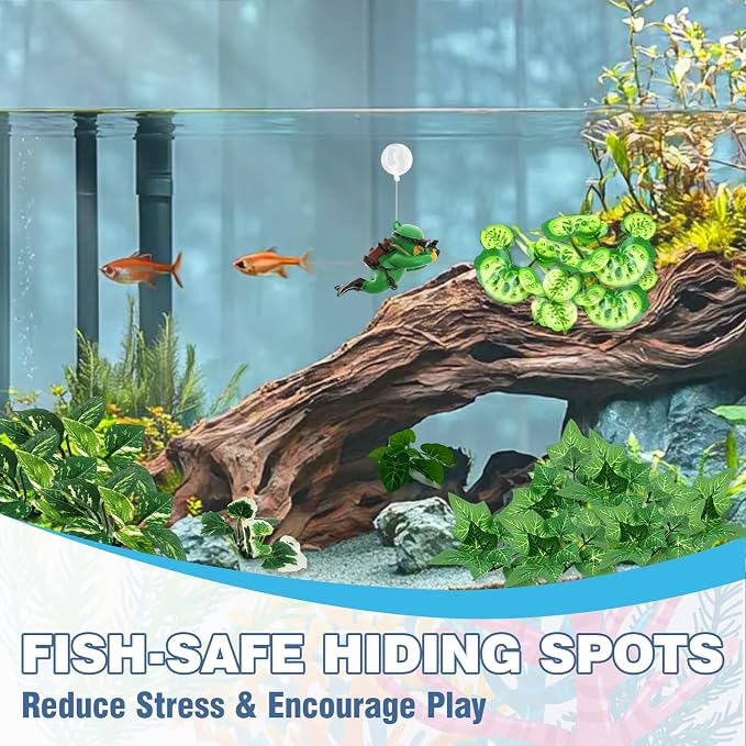 AZY 13-Piece Betta Fish Tank Decor – Realistic Aquarium Plants Set, Silk Aquarium Plants with Weighted Base, Aquarium Decor with Floating Diver Ornament for Fish Tank Decorations