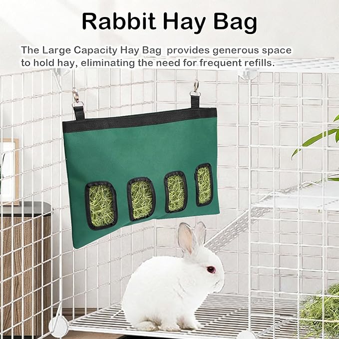 Rabbit Hay Feeder Bag, Large Capacity Rabbit Hay Bag Small Animal Hanging Hay Bag 600D Oxford Cloth Bunny Hay Feeder Bag for Rabbits Guinea Pigs Chinchillas (DarkGreen-4 Holes-1Pcs)