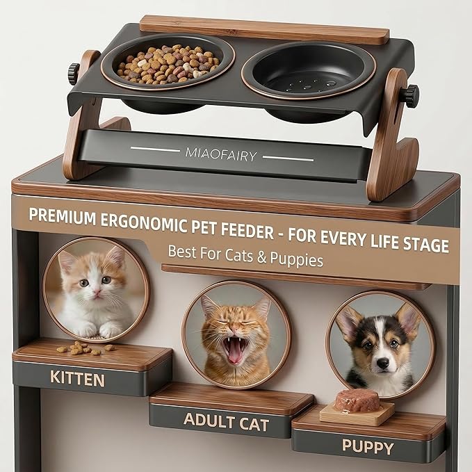 Elevated Cat Bowls 6.8oz x2, Adjustable Raised Cat Bowl Stand, Ceramic Cat Food and Water Bowl Set for Cats and Small Dogs