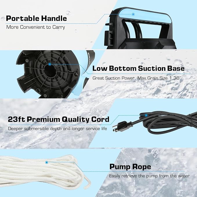 KITLUCK Submersible Water Pump, 1-1/4HP 4500GPH High Flow Sump Pump with Float Switch, 23ft Power Cord, Portable Utility Water Pump for Swimming Pool, Garden Pond, Flood Basement, Tub Water Removal