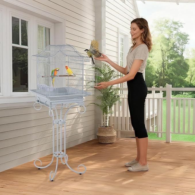 58" Vintage Scrolled Bird Cage - Heavy-Duty Metal with Rust-Resistant Coating, Parrot Cage with Slide-Out Tray, Stand, Perch & Bowls, Victorian Bird Aviary for Cockatiel, Parakeet, Finch & Lovebird