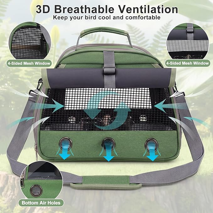 Bird Carrier, Lightweight Breathable Bird Backpack, Portable Wild Bird Carrier with Standing Perch for Parrot Travel Vet Visit (Green)