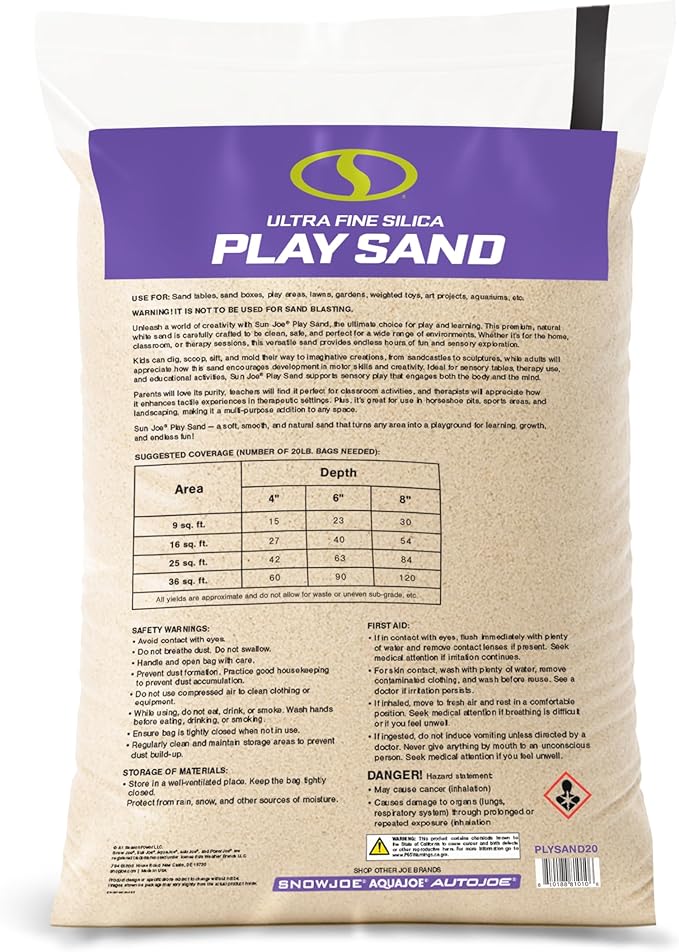 Sun Joe Silica Play Sand for Sandbox, Sensory Table & Garden Spaces, Ultra Fine, 20 Lb Bag - Indoor and Outdoor Natural Craft Accessory for Molding, Digging, Sculpting and Gardening, PLYSAND20
