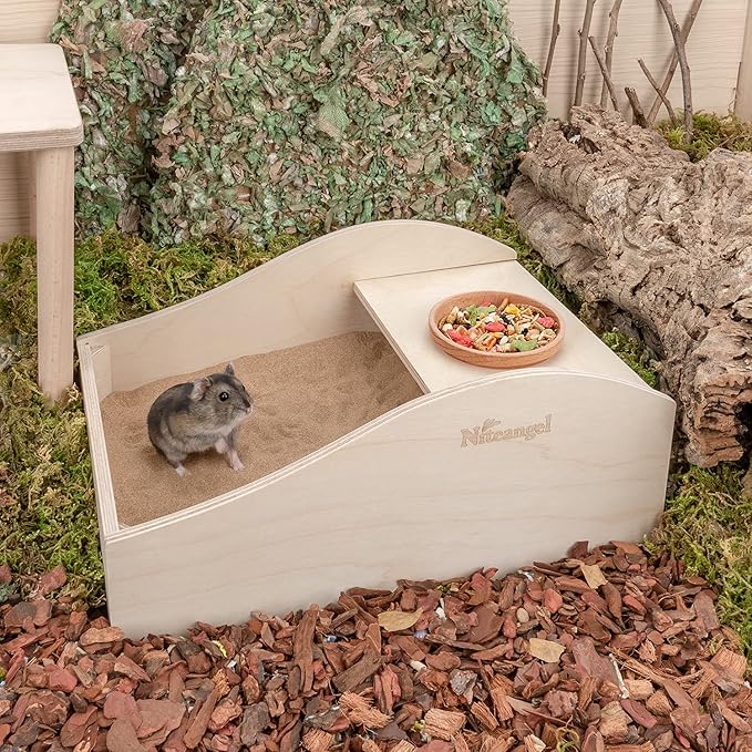 Niteangel Hamster Sand Bath Dust Free Box - Wooden Critter's Shower & Digging Sand Bathtub for Small Animals Like Hamsters Mice Lemming or Gerbils (Medium-11.8-inch L x 7.8-inch W)