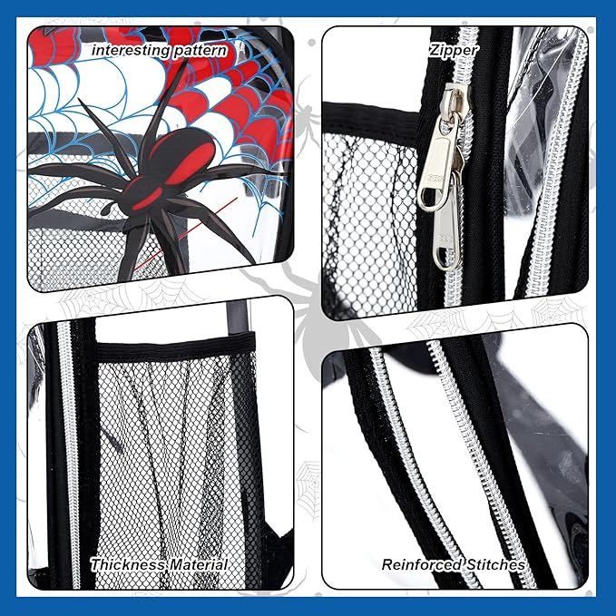 Kacctyen 3 Pcs Clear Backpack Heavy Duty Clear Stadium Bag Transparent Backpack with Lunch Bag(Black,Spider)