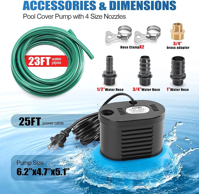 FIDISP Pool Cover Pump, 850 GPH Pool Water Pump with 23 FT Drain Hose | 4 Adapters, 25 FT Power Cord, Water Pump for Pool Draining for Drainage of Pool Covers, Ponds (Deep Blue)