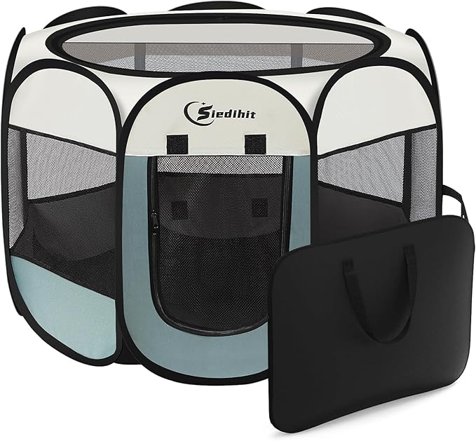 Siedihit Large Dog Cat Playpen, Puppy Pet Playpen Indoor for Dog Crate Tent Cage Outdoor, Portable Pop Up Dogs Enclosure Kennel with Carrying Case for Dogs/Cats/Rabbits, Grey