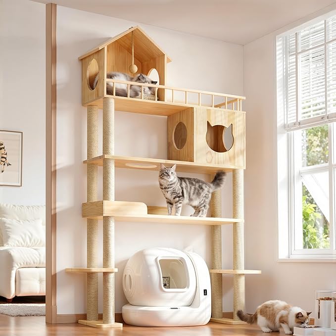 Wood Cat Tree for Automatic Litter Box, 74.4" Tall Cat Tower for Self Cleaning Litter Box, Cats Tree for Indoor Cats Large Adult, 5-Level Solid Wood Cat Furniture w/Scratching Post, House