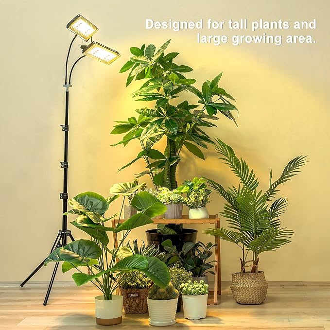 LBW Grow Light for Indoor Plants, Dual-Head Full Spectrum LED Plant Light | 3/6/12H Auto On/Off Timer, 6 Dimmable Levels, 3 Switch Modes, 15-63 inches Adjustable Tripod Stand, Ideal for Tall Plants