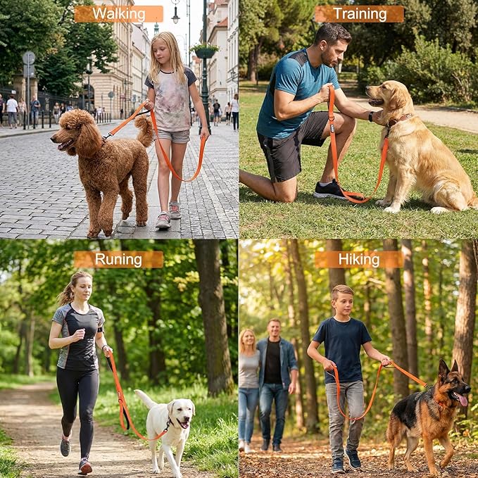 6 FT Heavy Duty Dog Leash with 2 Comfortable Padded Handles, Traffic Handle Extra Control, Highly Reflective Threads Leash for Small/Medium/Large Dogs (Orange)