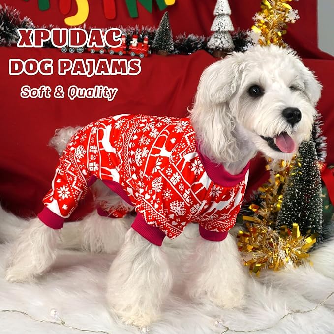 Xpudac 4 Pack Christmas Dog Pajamas Santa Pet Clothes Cute Reindeer Dog Pajamas for Small Medium Dogs(Medium) M