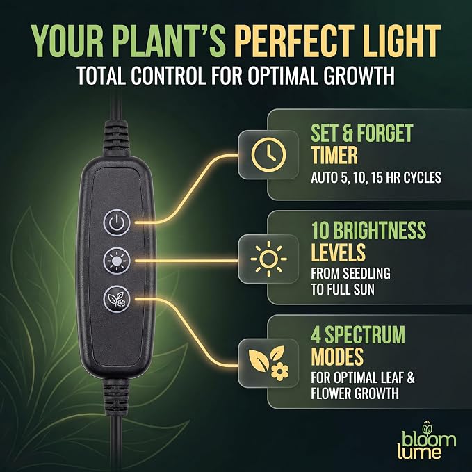Bloom Lume LED Grow Lights for Indoor Plants Full Spectrum 6000K - Plant Grow Lights Indoor Features Multi Mode Color Spectrums (Red, White & Blue), Dimmable, Auto Timer, Clip on Gooseneck Plant Lamp