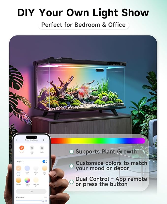 M1 5 Gallon Aquarium Starter Kit, App Control Smart Fish Tank with Filter, Auto Feeder, Quiet Pump, Timer Light, Temp Display, Crystal-Clear Glass Desktop Betta Tank for Guppy Shrimp, Black