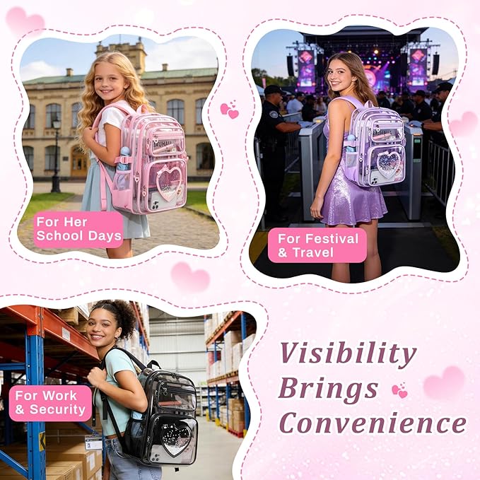 Clear Backpack for School Girls, Cute Heavy Duty PVC Transparent Bookbag, See-Through Bag for Stadium Event Pink