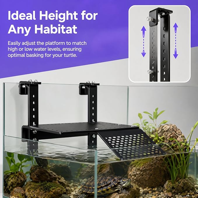 Turtle Basking Platform, Adjustable, Acrylic, Non-Slip Ramp, 0.3"–2" Rim | Heat-resistant acrylic, stable non-fall basking platform, adjustable height, fits 0.3–2" rims, draining anti-slip ramp