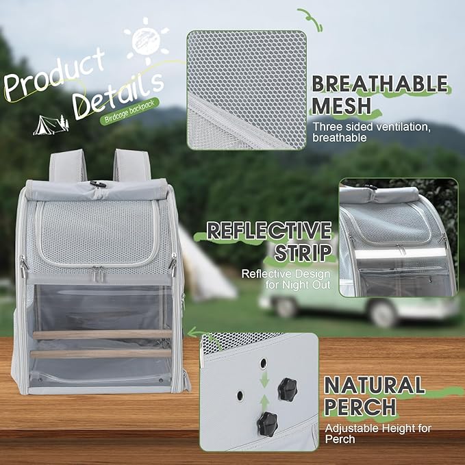 Sanmoncare Bird Carrier Backpack with 2 Adjustable Perches, Water-Repellent Parrot Travel Cage with Stainless Steel Tray, Breathable Pet Carrier for Cockatiels, Conures and Vet Visits