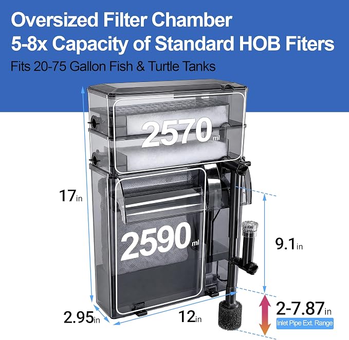 3-Tier Wet-Dry Hang-On-Back HOB Aquarium Power Filter, Multi-Stage Filtration with Oil Skimmer and One-Click Drain, Quiet Pump for 20-75 Gallon Freshwater Saltwater Fish Tank & Turtle Habitats