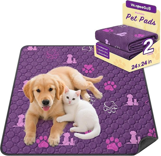 WanpeeGoo Washable Pee Pads, Puppy Pee Pad for Dogs, 2 Pack Absorbent Reusable Training Dog Pads Pet Puppy Pads, Non-Slip Potty Pads for Whelping, Playpen, Crate, Bed, Purple 24"x24"