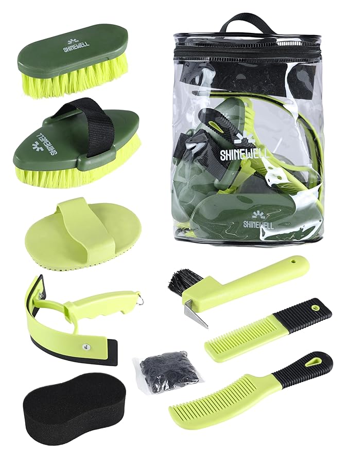Shinewell Horse Grooming Kit, Complete Horse Brush Set, Equine Grooming Tools for Shedding & Daily Care Green