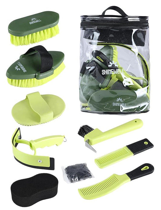 Shinewell Horse Grooming Kit, Complete Horse Brush Set, Equine Grooming Tools for Shedding & Daily Care Green
