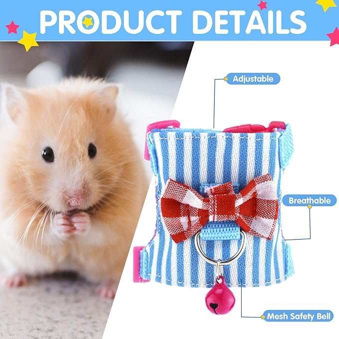 2 Pieces Hamster Harness and Leash Set for Walking, Small Guinea Pig Clothes with Bowknot Bell, No Pulling Comfort Padded Vest Striped for Guinea Pig Hamster Ferret, Small Animals (Blue, Black,M)