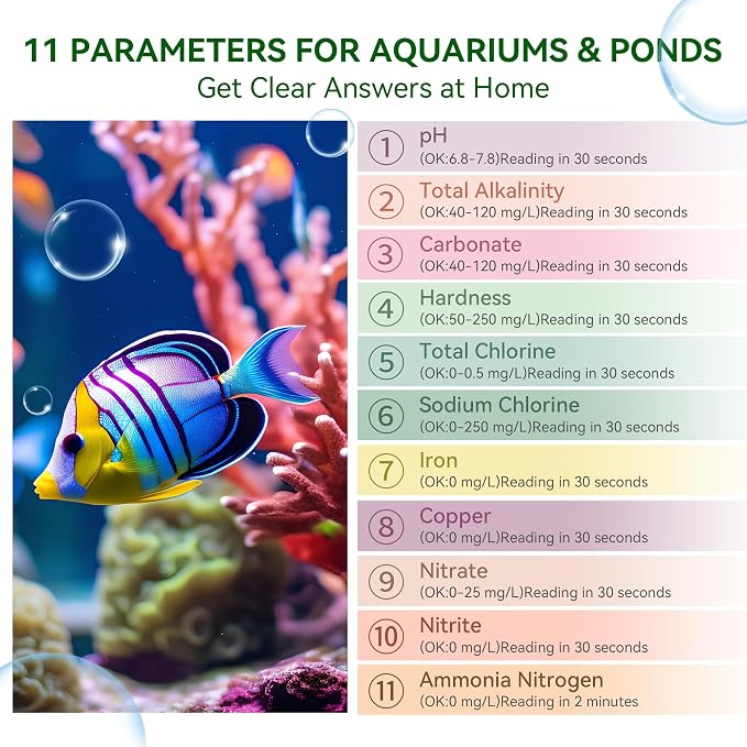 11 in 1 Aquarium Water Test Strips with Ammonia,125 ct Fish Tank Test Kit | Accurate Freshwater & Saltwater Testing for pH,Ammonia,Nitrate,Alkalinity,Iron,Copper,Carbonate,Sodium Chlorine,etc