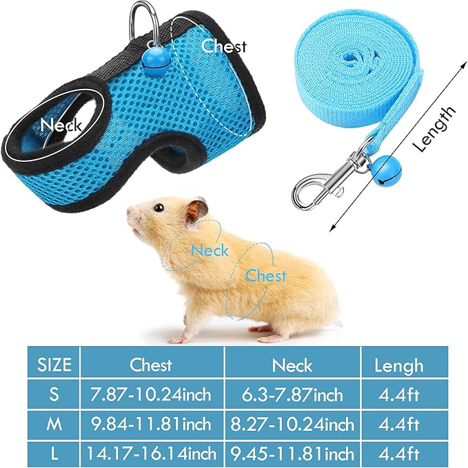 SATINIOR 2 Sets Guinea Pig Harness and Leash Adjustable Soft Mesh Harness Bell No Pulling Comfort Vest for Baby Ferret Rats Hamster Bunny Rabbit Chinchilla and Small Pet(Blue, Black,M)