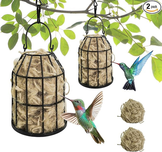 Bird Nesting Material Holders, 2 Pack Refillable Hummingbird Nest Cages Sets with Natural Mixing Cotton Material for Wild Birds, Outdoor Indoor Patio Garden Hanging Decor for Bird Lovers