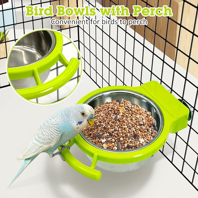Stainless Steel Bird Bowls for Cage 2 Pcs Parrot Feeding Dish Metal Food and Water Cups Detachable Birds Cage Feeder Hanging Finch Food Plates with Perch for Parakeet Budgie Lovebird (Green)