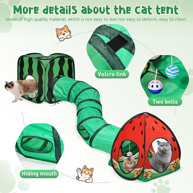 Tailtastic 3-in-1 Watermelon Cat Play Tunnel with Pop-Up Cube & Triangle Cat Tent, Interactive Toy Ball & Foldable Design - Easy Magic Tape Assembly Tunnels for Indoor Cats