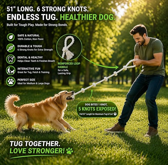 51" Extra Long Dog Rope Tug Toy with Loop Handle – 6-Knot Cotton Rope for Training, Tug-of-War & Interactive Play, Durable for Medium & Large Dogs, Indoor & Outdoor, Washable, White