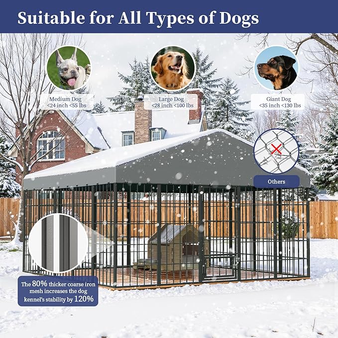 Gotland Dog Kennel Outdoor 10 x10 x6 FT, Dog Cage Outdoor for Medium/Large Dogs with Feeding Door Waterproof Roof Double Secure Locks Ground Spikes, All Weather Heavy Duty Dog Enclosure for Backyard