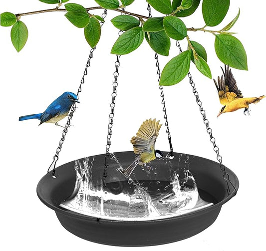 VUWEZ Hanging Bird Bath, Hanging Bird Water Feeder for Outdoors, Feeder Bowl, 1 Pack Birdbath Tray Accessories for Outside, Plastic Birdbaths Tray for Garden Patio Decoration (14", Dark Black)