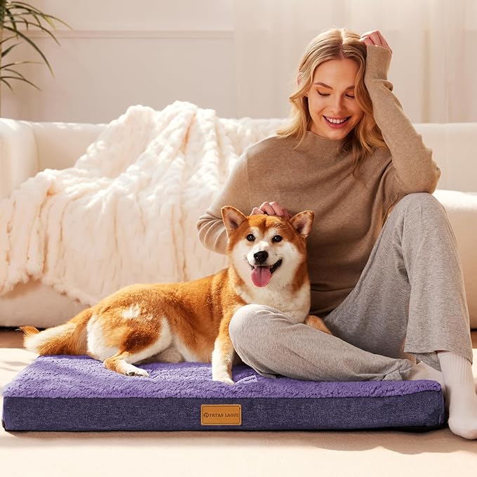 Patas Lague Orthopedic Dog Bed Large Sized Dog 36''X24'',Soft Waterproof Egg Crate Foam Medium Pet Crate Beds Mat with Removable Washable Cover and Non-Slip Bottom, Purple