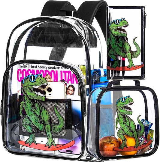 AGSDON 3PCS Clear Backpack for Boys, Kids Dinosaur Transparent Bookbag Heavy Duty, Cute See Through Backpacks with Lunch Bag - Blue