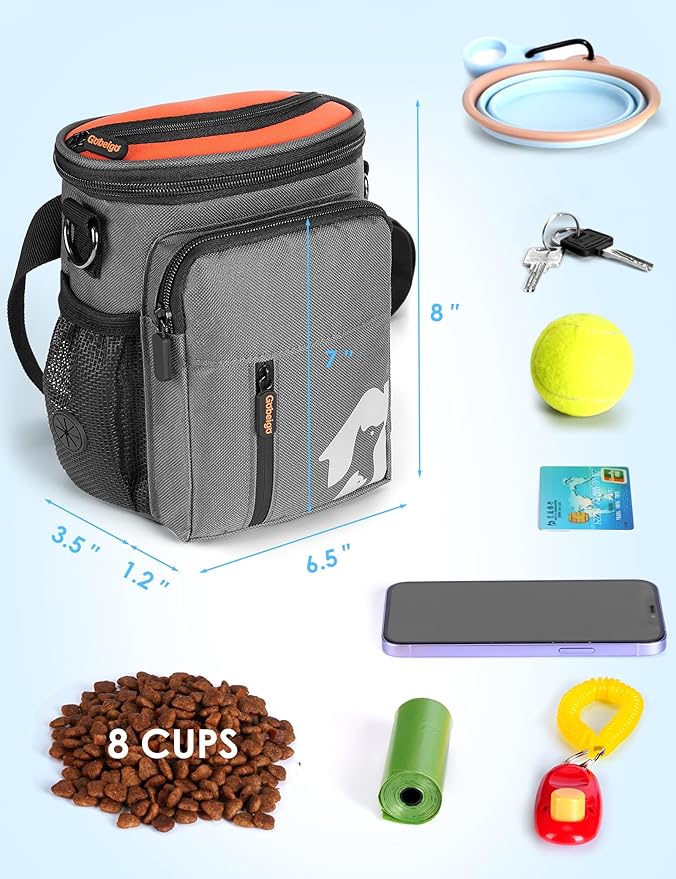 Gobeigo【8 Cup Dog Treat Pouch【3 Ways to Wear 】 Treat Bag for Training & Walking, Built-in Poop Bag Dispenser, Large Phone Friendly (Gray & Orange)