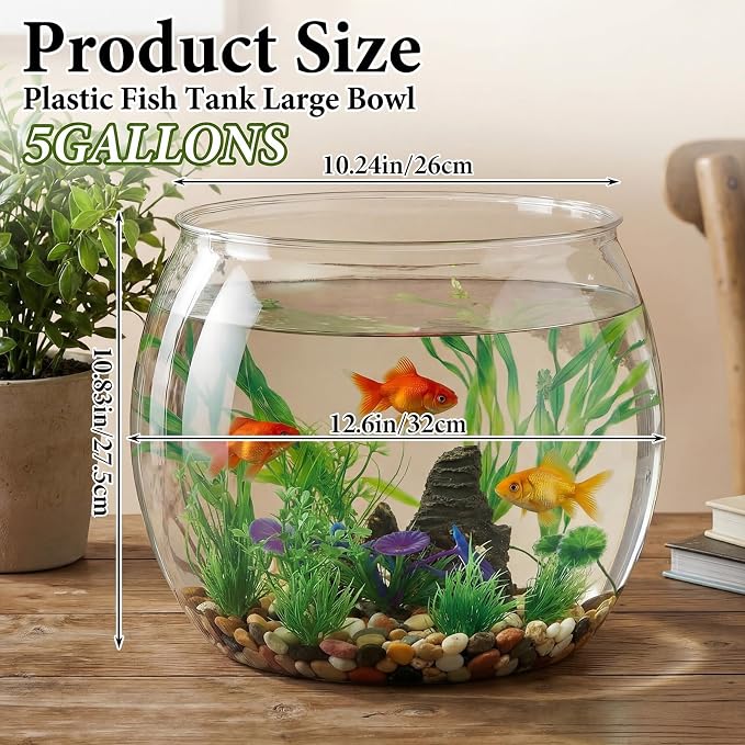 Lounsweer 12 Pcs 5 Gallon Large Fish Tank Plastic Fish Bowl Shatterproof with Aquarium Decor Artificial Plastic Plant and Rock Cave Goldfish Betta Tank Decor for Terrarium Flower Vase Centerpiece Gift