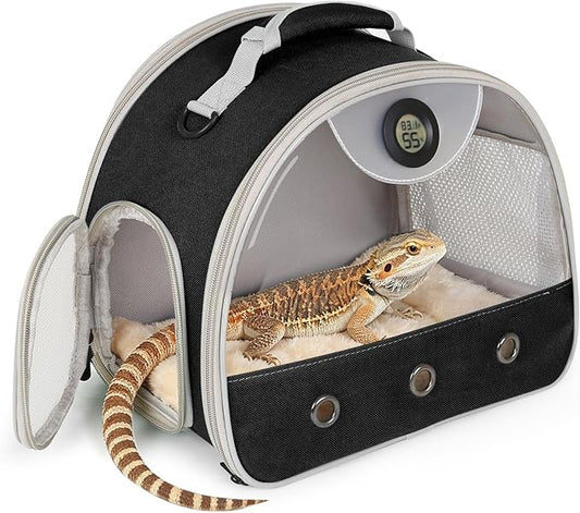 Bearded Dragon Carrier, Reptile Travel Bag with Built-in Thermometer Hygrometer, Breathable Small Animal Carrier with Clear View Window, Portable Lizard Habitat for Ball Python