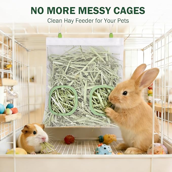 Mesh Guinea Pig Hay Feeder Bag for Guinea Pigs Rabbits Chinchillas, Hanging 2-Hole Hay Dispenser Breathable Wear-Resistant (White)