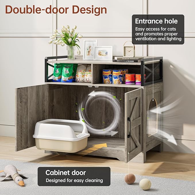 OtterOasis Cat Litter Box Enclosure, Ultra-Large Hidden Litter Box Furniture with Top Opening, Anti-Tipping Fence and 2 Open Drawers, Litter Box Cabinet End Table, Grey