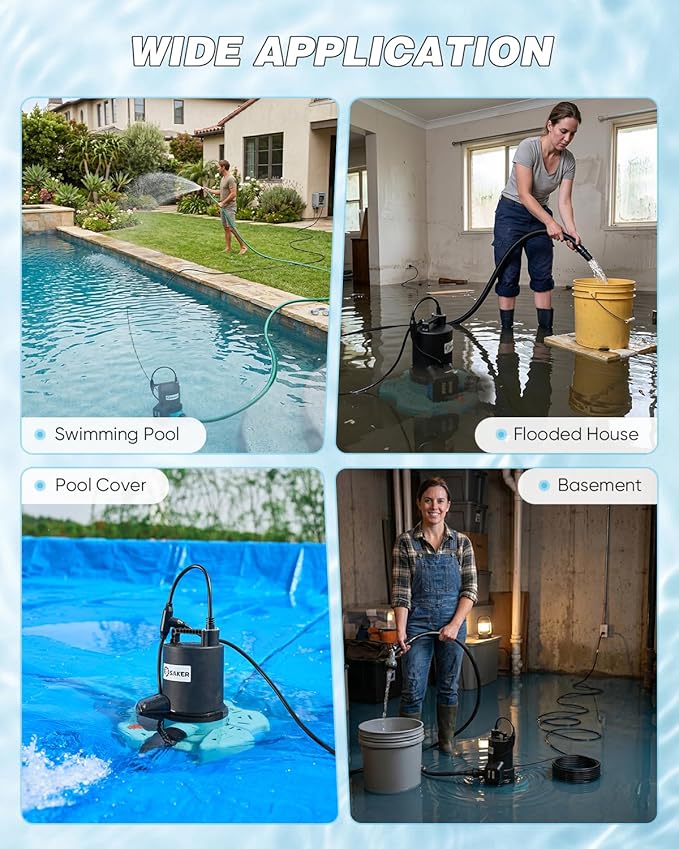 Saker Automatic On Off Submersible Water Pump, 1/4 HP Sump Pump,2377 GPH | Submersible Pump,Pool Cover Pump with 25ft Power Cord & Filter Net for Swimming Pool Covers, Hot Tubs, Rooftops