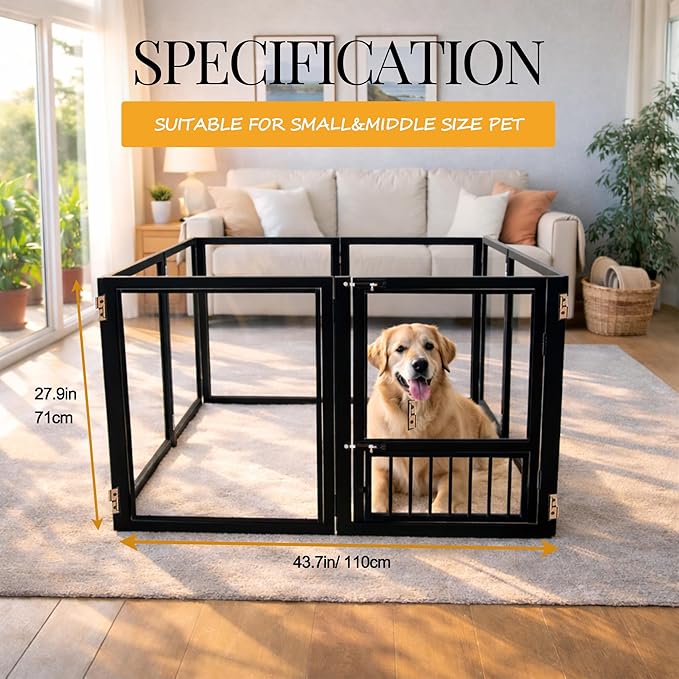 Acrylic Dog Playpen with Door, 27.5“ Height, Heavy Duty Clear Pet Pen, Dog Fence Crate Kennel Whelping Cage, Ideal for Small to Medium Dogs, Cats, and Other Small Pets (Black)