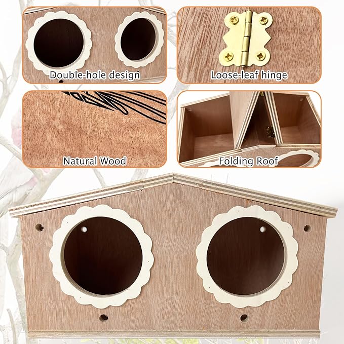 PINVNBY Parakeet Nesting Box Bird House for Cage Wood Bird Breeding Box with Bell Toys for Lovebirds Cockatoo Budgie Finch Canary Small and Medium-Sized Birds (Large: 11.02 * 6.06 * 6.06 inch)